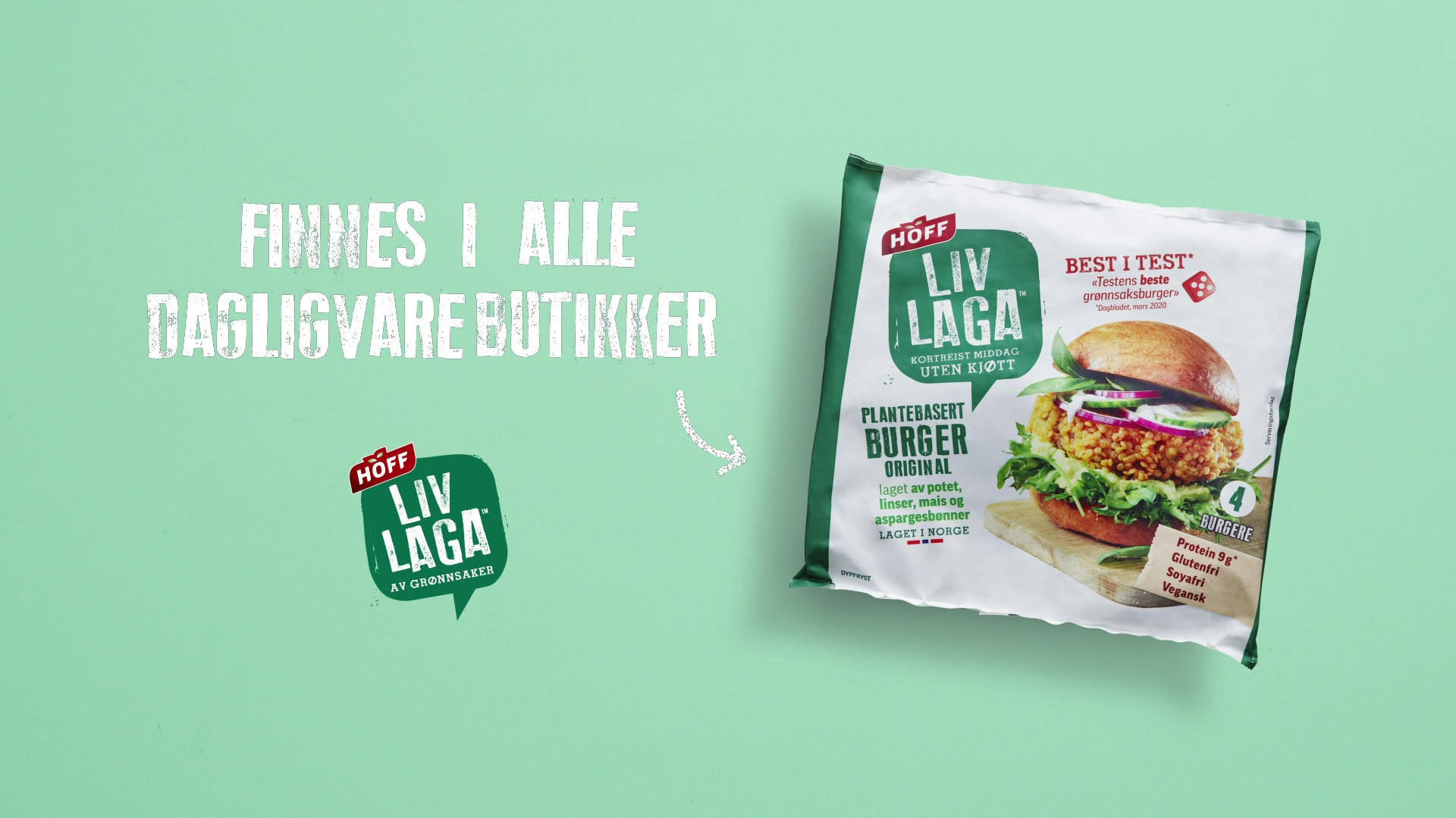 Pakningen til liv laga vegetarburger med teksten "finnes i alle dagligvarebutikker" ved siden av